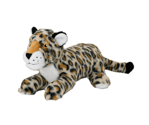 An Ancol plush leopard dog toy lying down, featuring a spotted orange, black, and cream fur pattern with a white muzzle and inner ears, set against a plain white background.