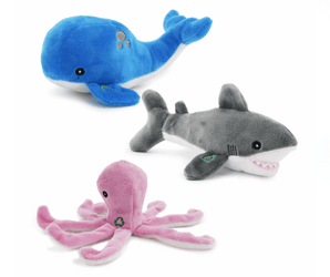 White background with a blue and white Ancol Made From Whale, grey shark and pink octopus dog toys.