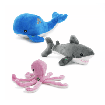 White background with a blue and white Ancol Made From Whale, grey shark and pink octopus dog toys.