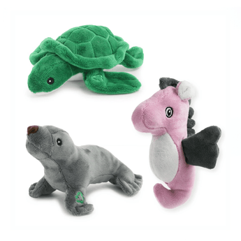White background with a green Ancol Made From Turtle, grey Seal and pink Seahorse dog toys.
