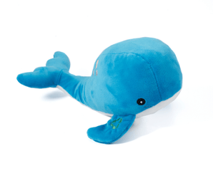 White background with a blue and white Ancol Made From Whale dog toy.