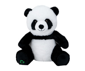 An Ancol 'Made From' Plush panda dog toy with a recycle symbol on it's foot, pictured on a white background.
