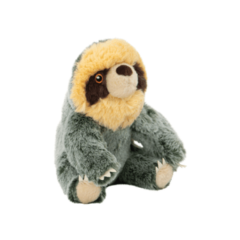 An Ancol plush sloth dog toy with a dark grey body, yellow and cream face, and orange eye details, shown against a plain white background.