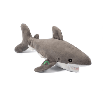 White background with an grey and white Ancol Made From Shark dog toy.