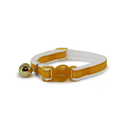 White background with a Ancol reflective yellow cat collar with a plastic safety buckle and a gold bell pictured. 