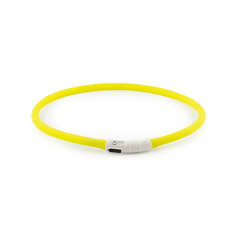 White background with a hoop LED dog collars in yellow with a white control panel.  