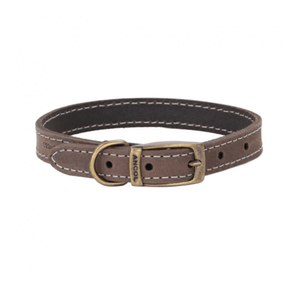 White background with a brown leather Ancol Timberwolf collar with a metal buckle and D-ring.