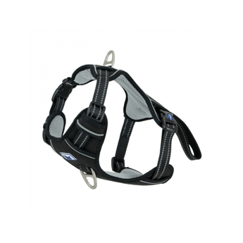 A Ancol Viva black and grey mesh dog harness with silver metal rings and white contrast stitching, shown against a plain white background.