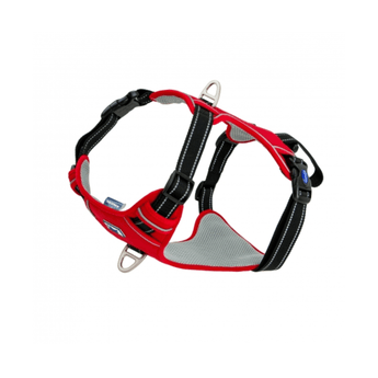 An Ancol Viva red and grey mesh dog harness with silver metal rings and white contrast stitching, shown against a plain white background.