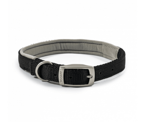 White background with a black Ancol Padded collar with a metal buckle and D-ring.