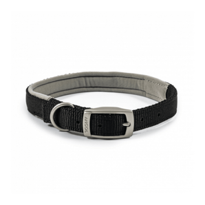 White background with a black Ancol Padded collar with a metal buckle and D-ring.