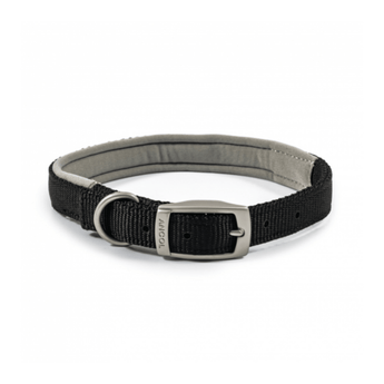 White background with a black Ancol Padded collar with a metal buckle and D-ring.