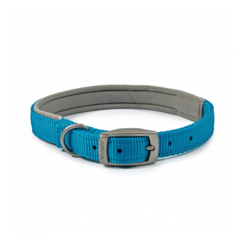 White background with a blue Ancol Padded collar with a metal buckle and D-ring.
