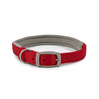 White background with a red Ancol Padded collar with a metal buckle and D-ring.