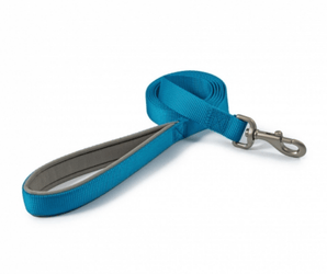White background with a blue Ancol Padded lead with a metal clip on the end.