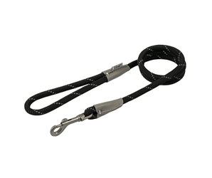White background with a black 1.07 x 10mm Ancol Viva Reflective Lead with grey reflective thread strips.