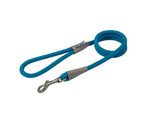 White background with a blue 1.07 x 10mm Ancol Viva Reflective Lead with grey reflective thread strips.