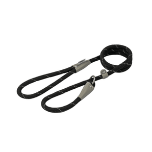 White background with a black 1.2mX10mm Ancol Viva Reflective Slip Lead with grey reflective thread strips.