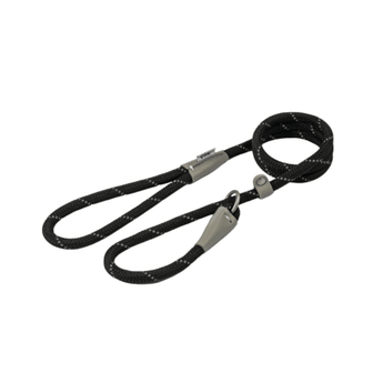 White background with a black 1.2mX10mm Ancol Viva Reflective Slip Lead with grey reflective thread strips.