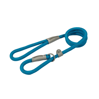 White background with a blue 1.5mX12mm Ancol Viva Reflective Slip Lead with grey reflective thread strips.