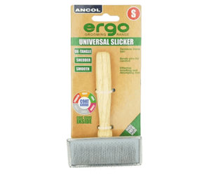 White background with a small wooden handled Ergo Slicker Brush with metal teeth, attached to a cardboard backing. 