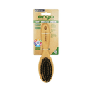 White background with a wooden Ergo Soft Bristle Brush for small dogs, puppies and cats attached to a cardboard packaging. 