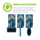 White background with three Ancol Ergo pet brushes pictured, Hedgehog slicker, Flea Comb and Soft Bristle Brush. Text above says 'Reduced Plastic Packaging', 'As part of our plan to do our bit for the environment, our new Ergo packing features a 99% plastic reduction, saving tonnes of plastic each year.'