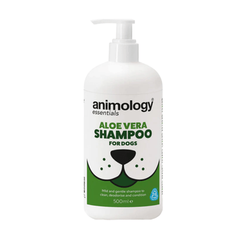 White background with a white and green 500ml bottle of Animology Essentials Aloe Vera Shampoo for Dogs. On the bottle is an illustrated muzzle with white text below 'Mild and gentle shampoo to clean, deodorise and condition.' 