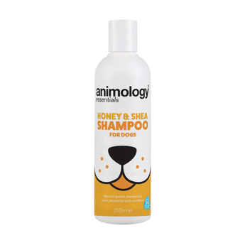 White background with a white and yellow 250ml bottle of Animology Essentials Honey & Shea Shampoo for Dogs. On the bottle is an illustrated muzzle with white text below 'Mild and gentle shampoo to clean, deodorise and condition.' 