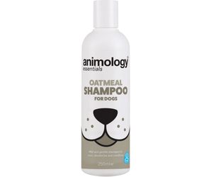 White background with a white and beige 250ml bottle of Animology Essentials Oatmeal Shampoo for Dogs. On the bottle is an illustrated muzzle with white text below 'Mild and gentle shampoo to clean, deodorise and condition.' 