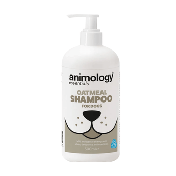 White background with a white and beige 500ml bottle of Animology Essentials Oatmeal Shampoo for Dogs. On the bottle is an illustrated muzzle with white text below 'Mild and gentle shampoo to clean, deodorise and condition.' 