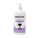 White background with a white and lilac 500ml bottle of Animology Essentials Sensitive Shampoo for Dogs. On the bottle is an illustrated muzzle with white text below 'Fragrance free shampoo to clean, deodorise and condition.' 
