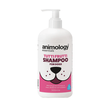 White background with a white and pink 500ml bottle of Animology Essentials Tutti Frutti Shampoo for Dogs. On the bottle is an illustrated muzzle with white text below 'Mild and gentle shampoo to clean, deodorise and condition.' 