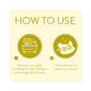 Cream square with a guide of how to use the dog shampoo. An illustration of a dog in a bathtub and an illustration of a hand wiping up with a cloth. Below the illustrations is yellow text '1. Wet pet's coat, apply Animology Fox Poo Shampoo and massage well into coat. 2. Rinse well and dry, repeat as necessary.'  