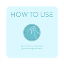 Light blue square with a guide of how to use the dog shampoo spray. An illustration of a spray bottle with aqua blue text 'Spray onto your dog's coat, groom through and leave.' 