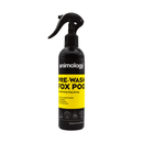 White background with a black and yellow spray bottle of Animology Pre-Wash Fox Poo. On the bottle is black text 'Animology Pre-wash Fox Poo, Deodorising dog spray'. 
