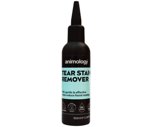 White background with a black and light aqua bottle with nozzle of Animology Tear stain remover. On the bottle is white text 'Animology Tear Stain Remover'. 