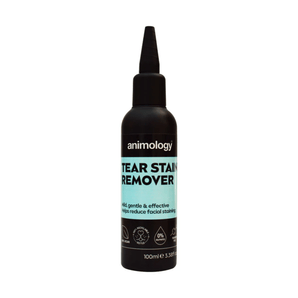 White background with a black and light aqua bottle with nozzle of Animology Tear stain remover. On the bottle is white text 'Animology Tear Stain Remover'. 