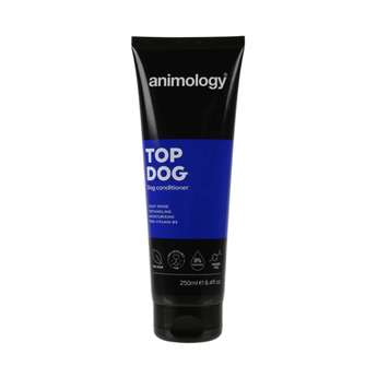 White background with a black and dark blue bottle of Animology Top Dog Conditioner. On the bottle is white text 'Animology Top Dog, Dog Conditioner'. 