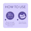 Light purple square with a guide of how to use the dog shampoo. An illustration of a dog in a bathtub and an illustration of a hand wiping up with a cloth. Below the illustrations is dark purple text '1. Wet pet's coat, apply Animology True Colours Shampoo and massage well into coat. 2. Rinse well and dry, repeat as necessary.'  