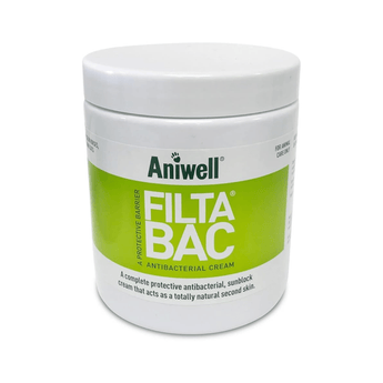 White background with a white and green tub of Aniwell FiltaBac Antibacterial Cream.