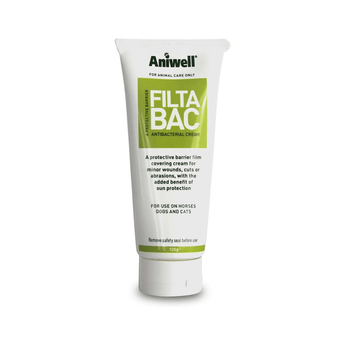 White background with a white and green tube of Aniwell FiltaBac Antibacterial Cream.