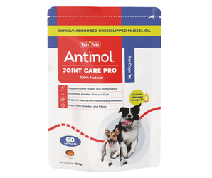 White background with a packet of Antinol Joint Care Pro for Dogs, the packet has red and blue ascents with a Border Collie dog and a Jack Russel terrier pictured. Additional text on the packet states '100% Natural, Supports Joint Health and Mobility, For healthy skin and a shiny coat, Supports natural anti-inflammatory processes, Free from powders and fillers'.