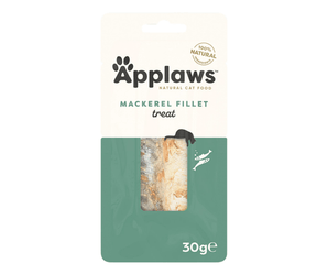 White background with a green and cream packet of Applaws Mackerel Fillet treat. On the pack is a silhouette of a cat and fish with a window showing the fish fillet inside. 