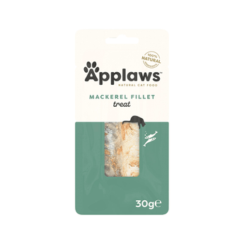 White background with a green and cream packet of Applaws Mackerel Fillet treat. On the pack is a silhouette of a cat and fish with a window showing the fish fillet inside. 