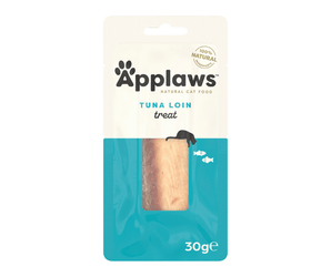 White background with a teal and cream packet of Applaws Tuna Loin treat. On the pack is a silhouette of a cat and fish with a window showing the fish fillet inside. 
