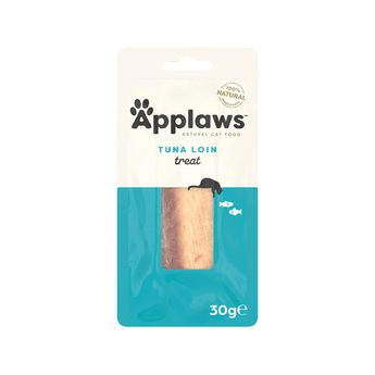 White background with a teal and cream packet of Applaws Tuna Loin treat. On the pack is a silhouette of a cat and fish with a window showing the fish fillet inside. 