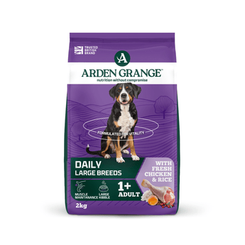 A 2kg bag of Arden Grange Daily Large Breeds dog food, featuring a purple and green package with a picture of a black and white dog.