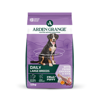 A 2kg bag of Arden Grange, Daily, Large Breeds 8 Week+ Puppy food, featuring a purple and green bag with a picture of a tri-coloured dog.