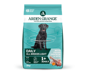 A 2kg bag of Arden Grange, Daily, All Breeds, Light dog food, featuring a black Labrador on the packaging against a teal and white background.
